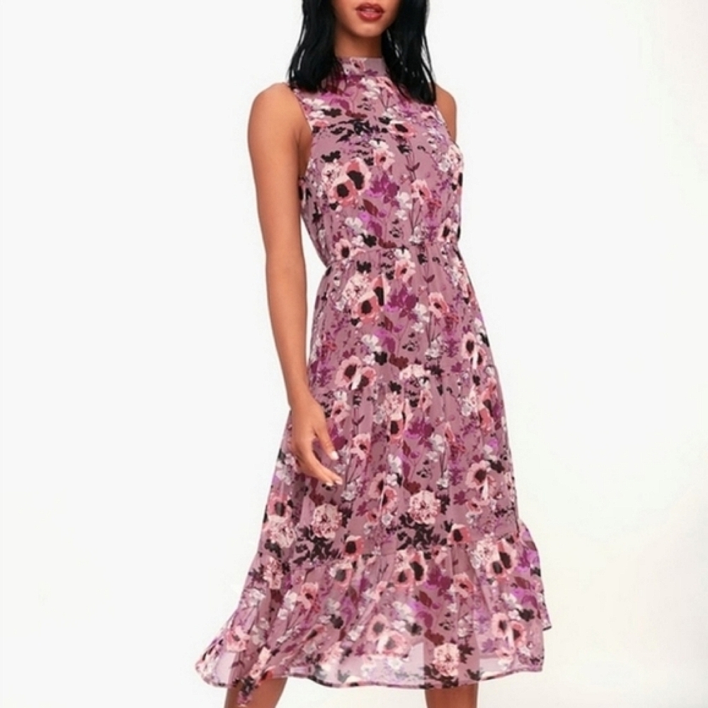 LULU'S In My Dreams Mauve Floral Print Midi Dress